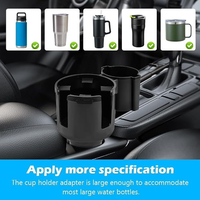 2-in-1 Car Cup Holder Expander, Adjustable Car Extender Adapter with Non-Slip Base - No Spill Cup Holder Extender with 4 Hooks for Yeti, Hydro Flask, Stanley Large Tumblers (10-48oz) - Image 8
