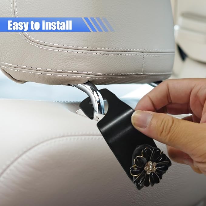 Craedli 2PCS Bling Car Seat Headrest Hook, Cute Rhinestone Flower Seat Back Storage Organizer Hanger Car Purse and Bag Hooks Holder, Universal Interior Accessories for Handbag Grocery Bag Coat (Black) - Image 6