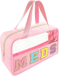 Bunliuys Chenille Letter Clear Makeup Bag Meds Patch, Travel Toiletry Makeup Bag with Handle, Nylon Waterproof Makeup Bags clear cosmetic bag, preppy patch makeup bag for Women (MEDS-Pink) by Bunliuys
