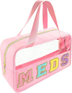 Bunliuys Chenille Letter Clear Makeup Bag Meds Patch, Travel Toiletry Makeup Bag with Handle, Nylon Waterproof Makeup Bags clear cosmetic bag, preppy patch makeup bag for Women (MEDS-Pink) by Bunliuys