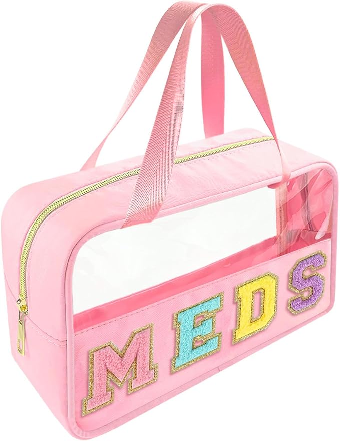 Bunliuys Chenille Letter Clear Makeup Bag Meds Patch, Travel Toiletry Makeup Bag with Handle, Nylon Waterproof Makeup Bags clear cosmetic bag, preppy patch makeup bag for Women (MEDS-Pink) by Bunliuys