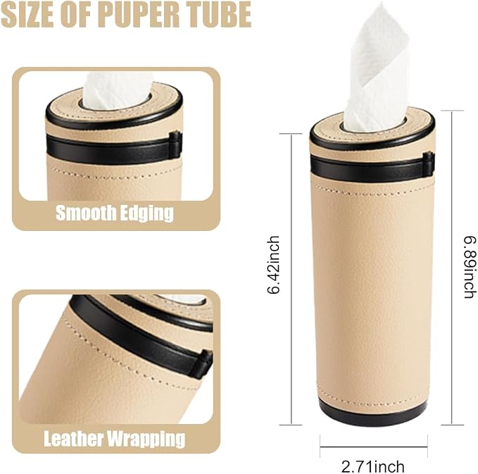ZIMISI Car Tissue Holder, Convenient Travel Napkin Boxes, Car Tissues Cylinder, Round Canister Napkin Holder, Travel Tissue Tube Container for Vehicle Cup Holder, Home, Office (Beige) - Image 2