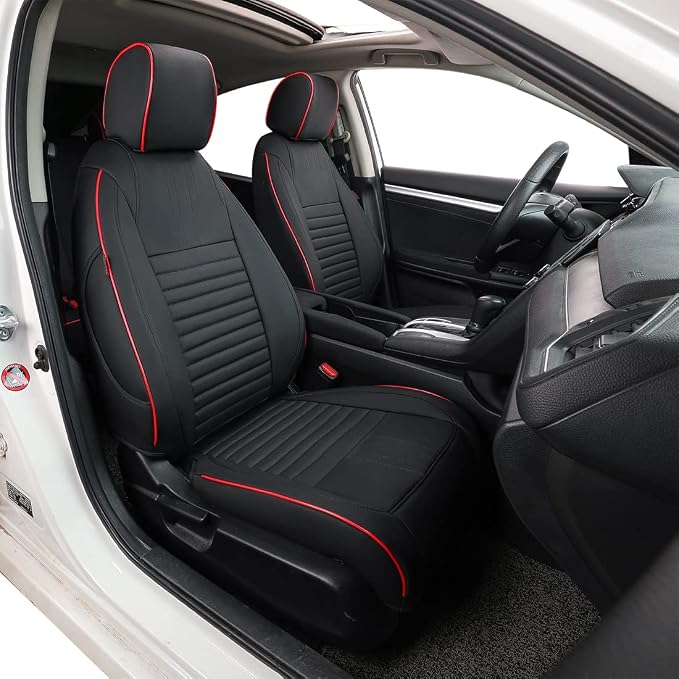 EKR Civic Seat Covers Custom Fit for Honda Civic (Hatchback) 2022-2026 (Rear W/NO Armrest),Waterproof Car Seat Cover Full Set,Faux Leather(Black with Red Trim) by EKR