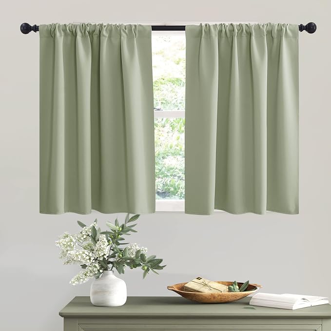 RYB HOME Short Sage Green Blackout Curtains for Small Bedroom Window Cafe | Thermal Insulating, UV Blocking, Privacy Protection, Drapes/Tiers for Basement Garage Bathroom, W42 x L36, 2 Panels by RYBHOME
