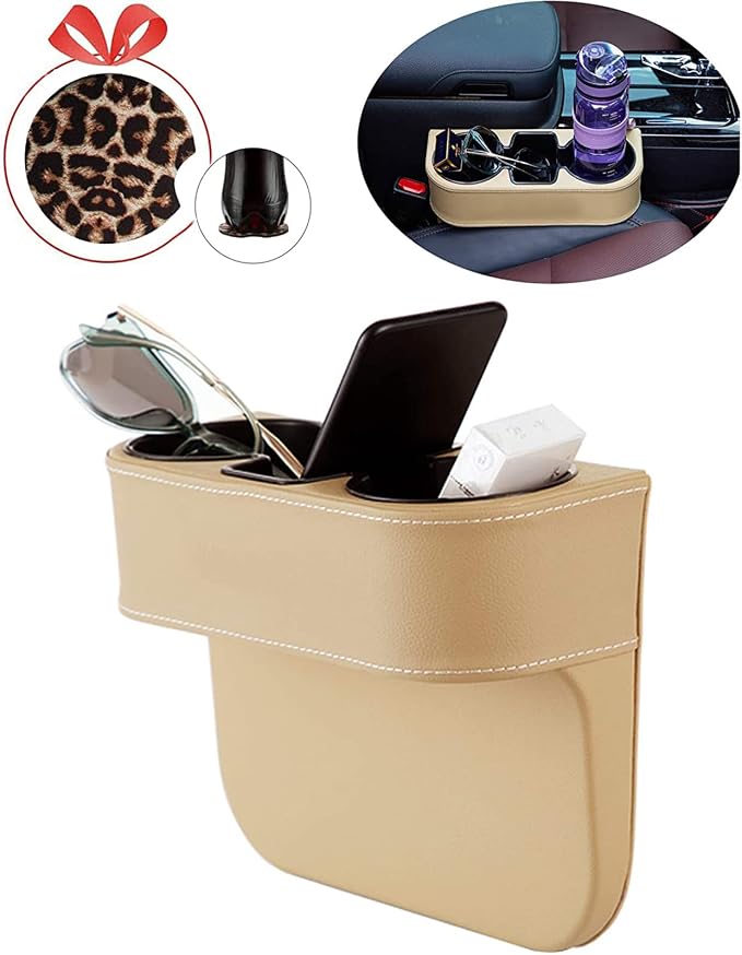 Cup Holder for Car, Console Side Pocket, PU Leather, XBD Beige | Car Seat Gap Filler Organizer, Easy Install, Universal Fits, Car Coin Cellphone Holder, Auto Front Seat Cup Holder - Image 2