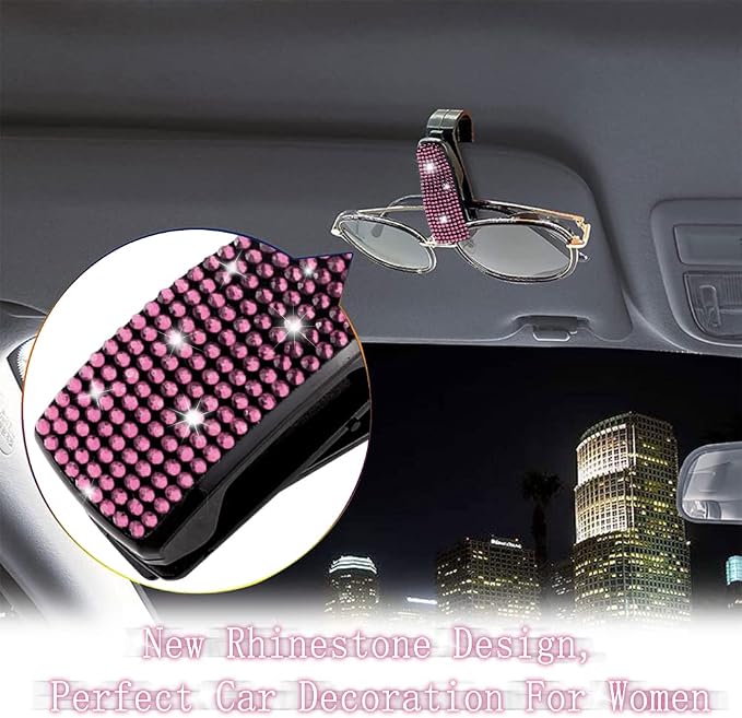 Set of 2 Bling Rhinestone Car Sun Visor Glasses Holders with Anti-Scratch Sponge,Car Decoration for Women Girls,Ticket Card Clip Visor Organizer,Universal Rhinestone Auto Accessories (Pink) - Image 3