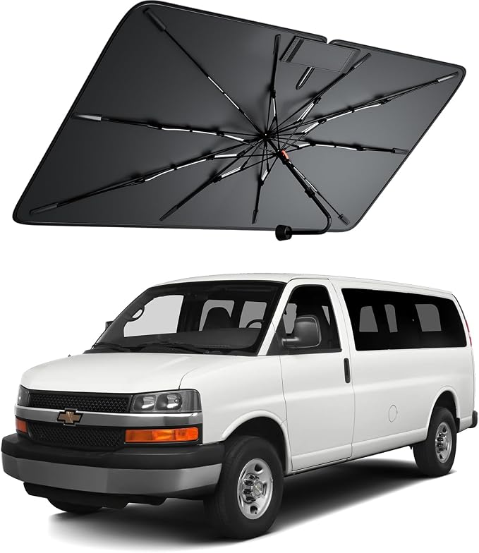 Windshield Sun Shade for Chevrolet Express 1500 2000–2026, Foldable Umbrella Sunshade with 100% UV Block, Multi-Layer Heat Insulation, Reinforced 10-Rib Frame, Keeps Car Cooler by Amadaw