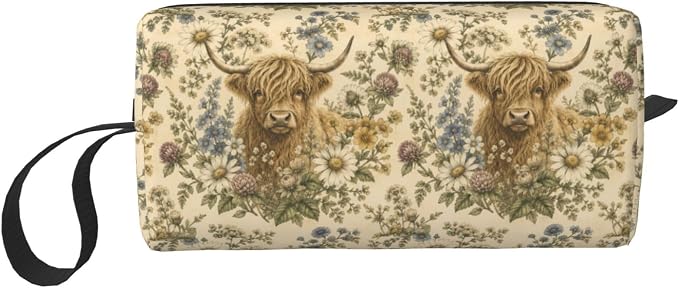 Highland Cow Wildflower Meadow Small Makeup Bag for Women | Double-Sided Highland Cow Floral Cosmetic Organizer with Foam Padding for Women, Travel, Gym, School, and Daily Storage by OLUSENMO