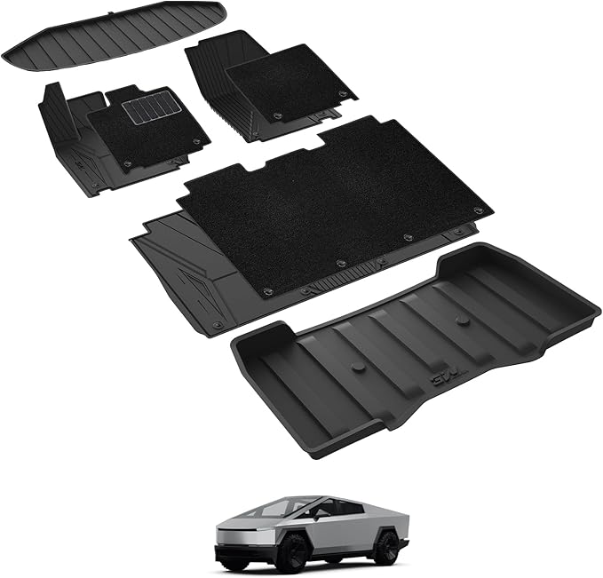 3W Floor Mats & Cargo Liner for Tesla Cybertruck 2023 2024 2025 2026 | with Carpets All Weather Waterproof Heavy Duty Accessories Custom Fit Double Layer Floor Liners & Sub Storage Trunk Mat by 3W