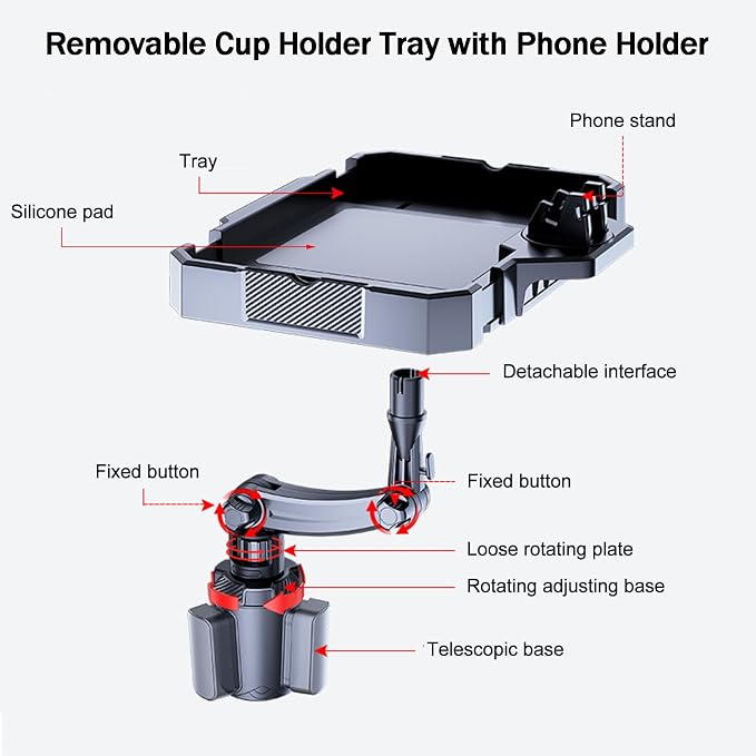 7.9-9.8in Expandable Car Cup Tray, 360 Rotating w/Phone Holder for RV Truck | Road Trip Essentials / Travel Must-Have / Snacks Food Tray - Image 3