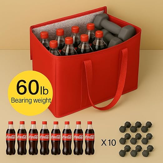 musbus 2Pk Insulated Reusable Grocery Bags, Collapsible Cooler Bag for Groceries, Heavy Duty Large Insulated Bag (Large, Bright Red) - Image 7