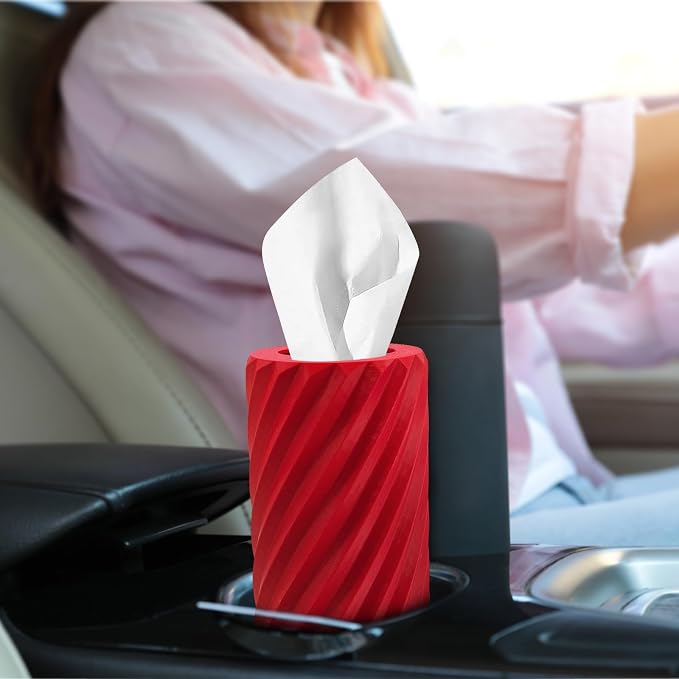 Car Tissue Holder, Refillable Round Cylinder with 3 Tissue Packs, Universal Fit for Vehicle Cup Holder, Home & Office, Car Accessories Interior (Red) - Image 2