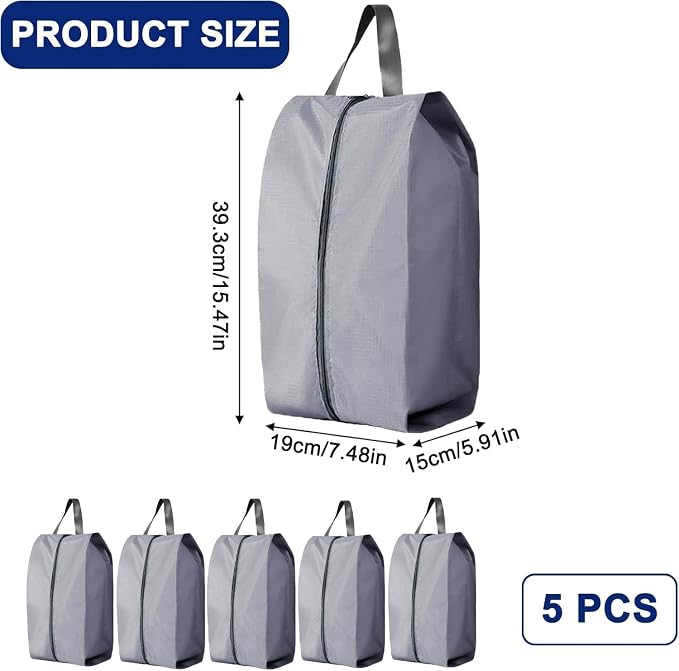 5Pcs Large Travel Shoe Bags Portable Travel Gifts Shoe Organizer with Zipper Closure, Waterproof Nylon Shoe Storage Organizer with Handle Travel Bags For Men and Women, Grey - Image 2