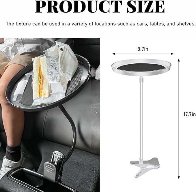 povtii Car Adjustable Food Tray, 360° Swivel Car Food Tray 8.7 Inch Diameter Storage Tray, Non-Slip Clip Type Snack Tray Swivel Dining Table for Vehicles, Interior Car Accessories (White) - Image 2