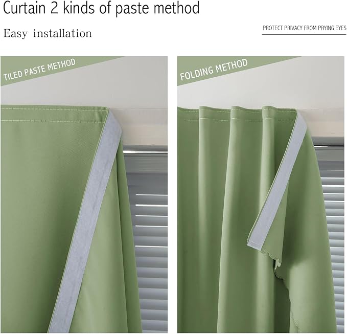 Magic Tape Blackout Curtains for Bedroom No Drillng Self Adhesive Curtains No Rod Small Window, 35" W X 71" L, Sage Green, 1 Panel - Image 6