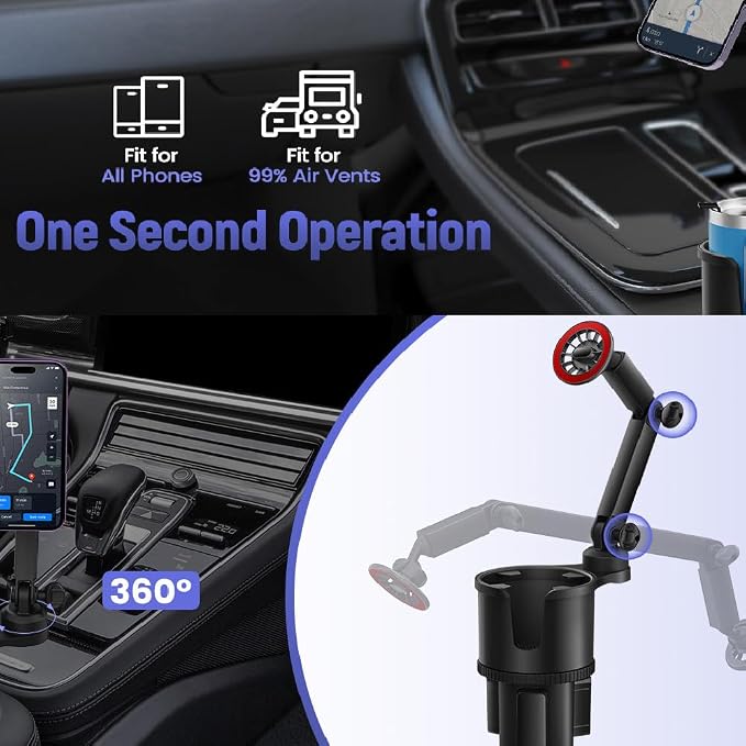 Magnetic Car Cup Holder with Phone Holder, 360° Rotating Cup Holder Expander Phone Holder, N52 Magnets Universal Car Mount with Adjustable Base for iPhone Samsung All Smartphones - Image 7