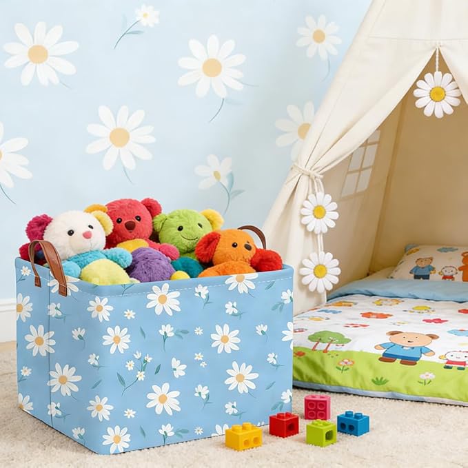 Rectangular Daisy Storage Basket,Kids Laundry Hamper,Waterproof foldable kids laundry basket,Blue Baskets,Books Box,Flower room decor(Daisy) - Image 3