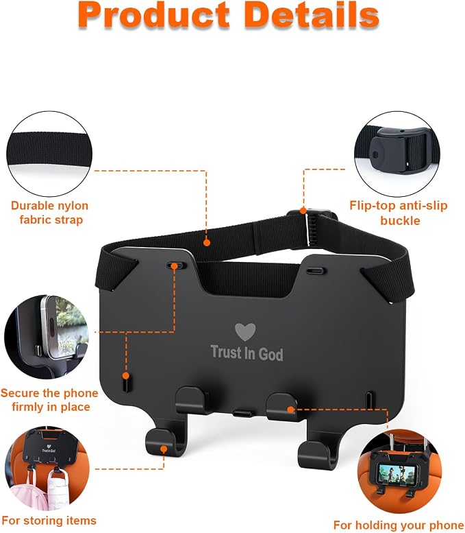 Car Seat Headrest Hooks with Phone Holder, Car Hooks for Purses and Bags | Adjustable Design | Fits All Headrest Types | Car Purse Hook Ideal for Tesla, Bmw, Honda, Suv & Trucks | Purse Hanger for Car - Image 4