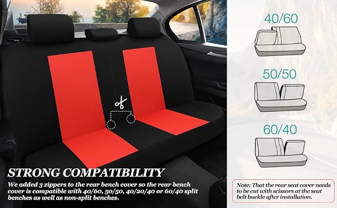 Tapha Universal Car Seat Covers Full Set - Front and Rear Split Bench, Easy to Install, Breathable and Washable Universal Interior Covers for Auto, SUV, Sedan, Van, Airbag Compatible, Black & Red - Image 5