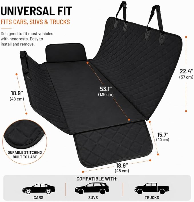 Back Seat Cover for Dogs, Dog Car Seat Cover, 100% Waterproof Dog Hammock with Side Flaps, Non-Slip Pet Seat Protector, Heavy Duty Oxford Fabric, Fits Cars, SUVs & Trucks - Image 3
