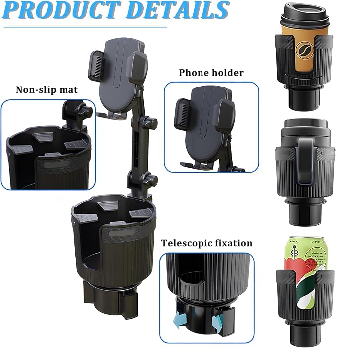 Car Cup Holder Phone Mount, 2 in 1 360° Rotation Long Arm Vehicle Cup Cell Phone Holder Expander with Adjustable Base, Automotive Drink Bottles Smartphones Stand, Universal Fit (Black) - Image 4
