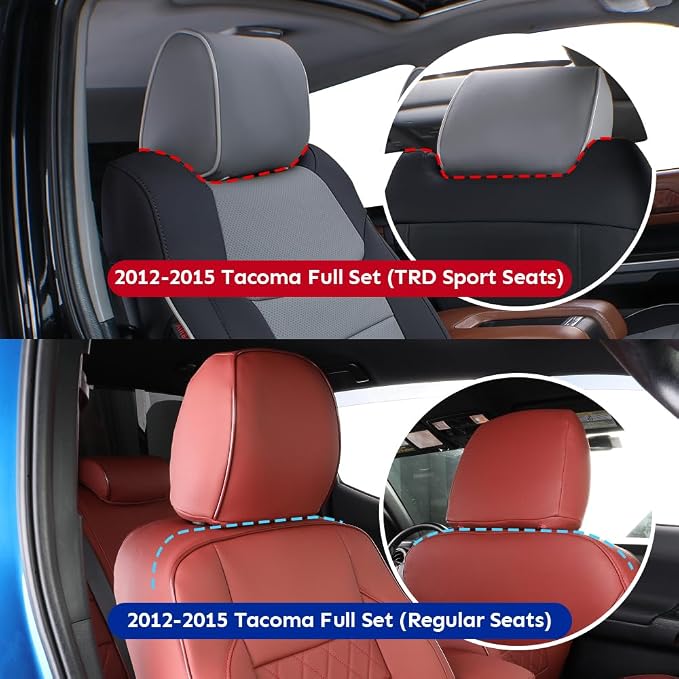 EKR Custom Fit Tacoma Leather Car Seat Covers for Toyota Tacoma 2012 2013 2014 2015 (TRD Sport Seats)- Full Set,Faux Leather(Black with Red Trim) - Image 2