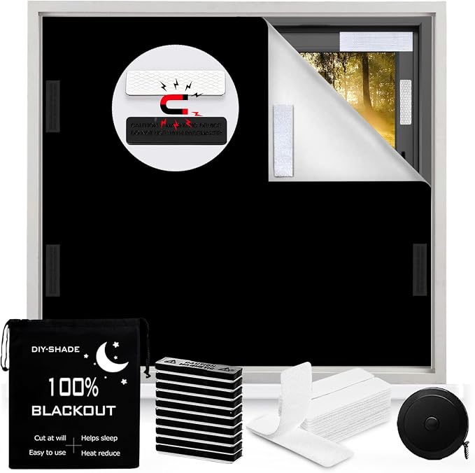 100% Blackout Curtain Window Cover for Bedroom 57x79Inch,No Drill Magnetic Blackout Blinds,DIY Cut Black Out Curtains for Nursery Bedroom,Media Room RV with Hook Loop Tape+Magnet Closure by BirdNest