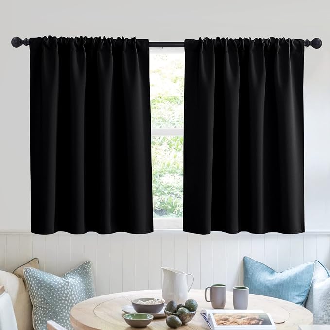 RYB HOME Short Blackout Curtains for Small Window Kitchen Bathroom Cafe RV | Sunmmer Heat Light Blocking Privacy Energy Saving Curtains for Sunroom Laundry Room Stair Window, W52 x L36, Black, 2 Panels by RYBHOME