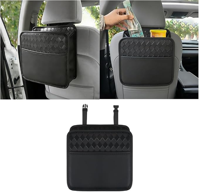 Mandark PU Leather Car Seat Back Organizer, Style 3, Black | Three-pocket layout with clear panel, elastic strap installation, fits most cars, SUVs, and trucks, car interior accessories by Unknown