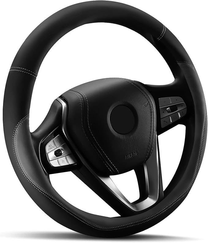 HOTOR Car Leather Steering Wheel Cover, Universal 14.5"-15", Gray | Universal Car Accessory for Diverse Cars, Car Steering Wheel Cover with Anti-Slip Lining, Full Protection, Easy Installation by HOTOR