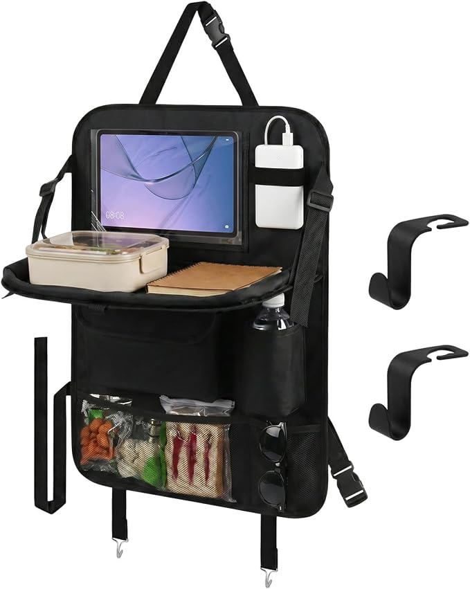 Backseat Car Organizer with Upgraded Foldable Tray Table, Oxford Cloth Car Seat Back Storage Organizer, Tablet Tray and Seat Protector Kick Mat, Includes 2 Hooks by Unknown