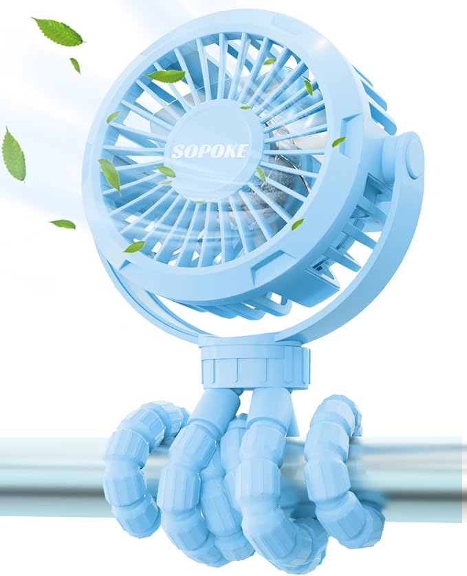 SOPOKE 3 Speed Mini Rechargeable Baby Stroller Fan, Blue | 360° Flexible Tripod, Handheld Design, for Car Seat Crib Treadmill Golf Cart Travel by SOPOKE