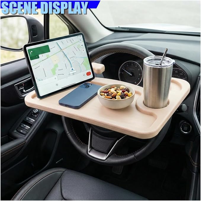 Car Steering Wheel Desk, 2 in 1 Multipurpose Auto Steering Wheel Tray with Drink Holder and Pen Slot, Portable Vehicle Computer Office Table Travel Accessories for Laptop, Food (Beige) - Image 3