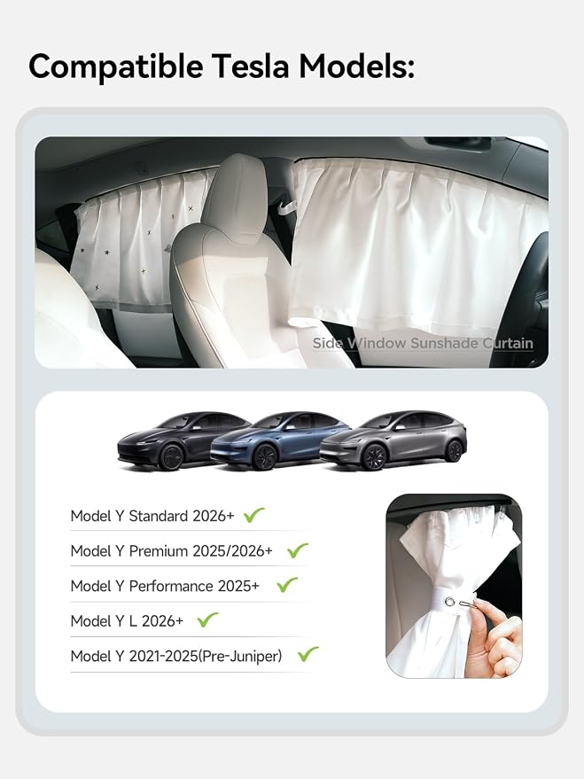 TPARTS Side Window Sunshade Curtains for Tesla Model Y 2021-2026 All Models | 4-piece blackout sun shades provide privacy and heat protection for Tesla Model Y/YL front and rear side windows - Image 2