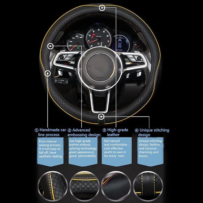 Gomass Car Steering Wheel Cover, Anti-Slip, Safety, Soft, Breathable, Heavy Duty, Thick, Full Surround, Sports Style (Black with Yellow Line) - Image 5