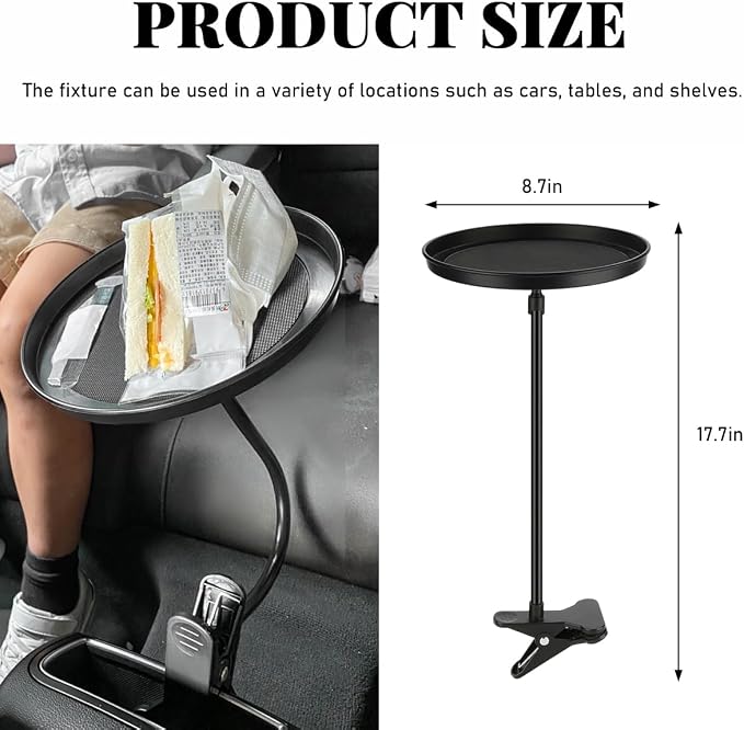 povtii Car Adjustable Food Tray, 360 Swivel Car Food Tray, 8.7 Inch Diameter, Non-Slip Clip Type Snack Tray, Black - Image 2