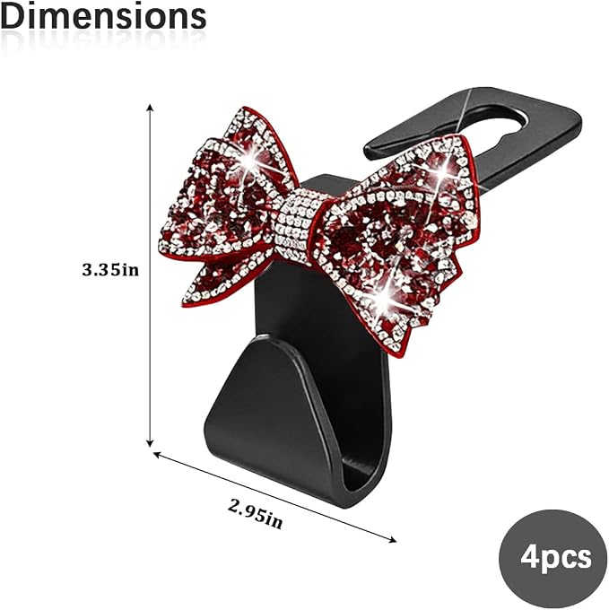 Zpana Bling Car Headreat Hook, 2PCS Crystal Rhinestone Cute Bow Vehicle Seat Back Hanger Storage for Purses Bags Grocery, Diamond Auto Rear Seat Organizer, Universal for SUV Truck Sedan (Red) - Image 2