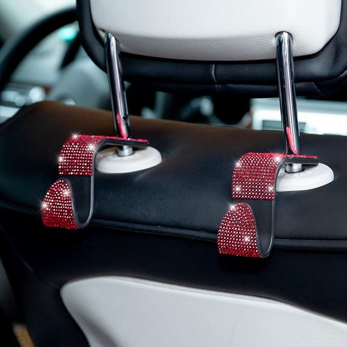 Moly Magnolia Bling Car Seat Headrest Hooks, 4PCS Handcrafted Rhinestones Seat Hanger Organizer for Handbag Purse Scarf, Universal for Cars, Auto Interior Accessories for Women Men (Red) - Image 5