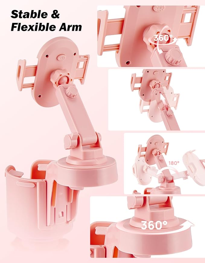 JOYTUTUS Cup Holder Phone Mount for Car, Car Cellphone Large Adapter Long Arm with 360 Degree Rotation, Compatible iPhone, Samsung & All Smartphones,Pink,1 Pack - Image 4