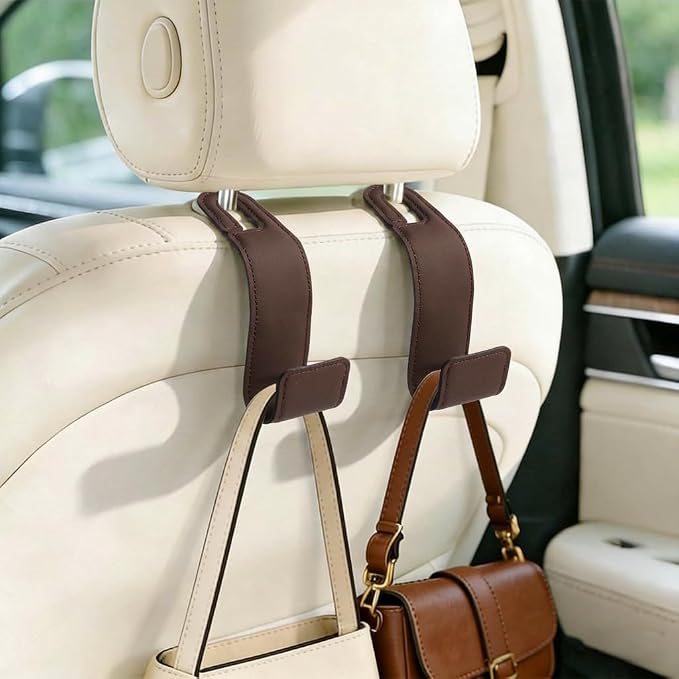 2-Pack Car Headrest Hooks, 1.1-Inch Wide Purse Hangers, Brown | Microfiber leather hooks with built-in metal cores keep purses, groceries and backpacks organized and within reach by Unknown