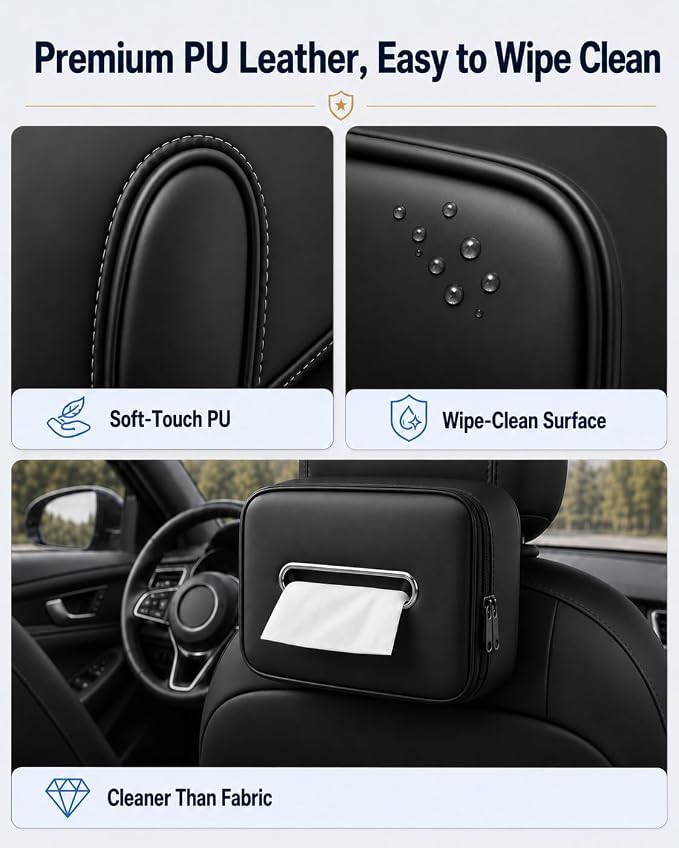 Leather Car Tissue Holder, Extra Large Tissue Holder for Car, Fits 120–230 Count Rectangular Tissue Boxes, Wider Opening for Easy Access, Dual Zipper for Headrest,Console,Seat Back (Black) - Image 7