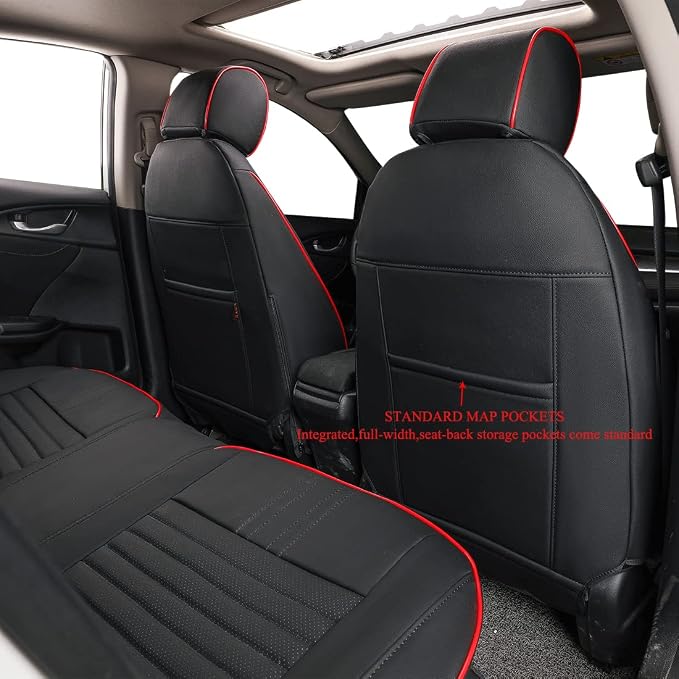 EKR Civic Seat Covers Custom Fit for Honda Civic (Sedan) Sport 2022-2024 & LX 2025-2026 (Rear Backrest One Piece W/NO Armrest),Waterproof Car Seat Cover Full Set,Faux Leather (Black with Red Trim) - Image 3