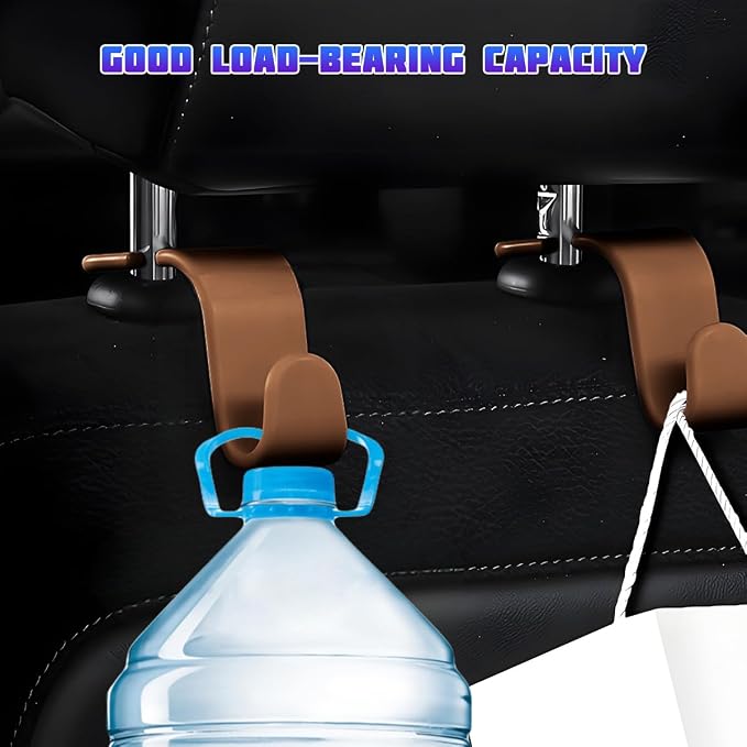 4 Pack 4.13 Inch Car Seat Headrest Hooks, Brown | plastic body, supports up to 55 lb, tool-free post fit, rotates beneath headrest when idle, interior storage accessory - Image 4