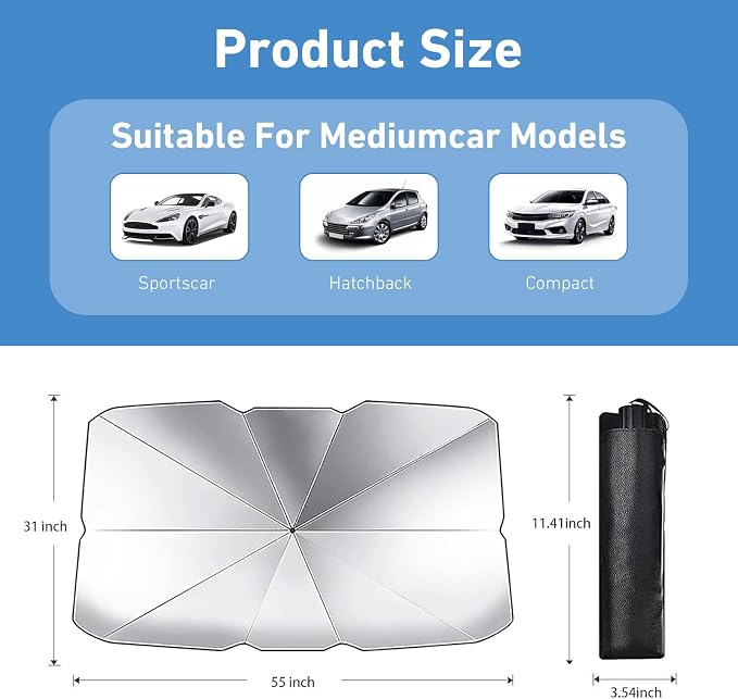 1 PC Car Sunshade Umbrella, Windshield Sun Shade with UV Block, Foldable Reflective Sunscreen Front Window Cover, Universal for Most Cars, Trucks, SUVs (55"x 31" Sliver #B) - Image 2