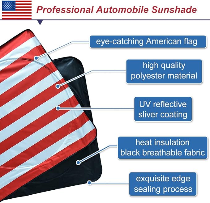 Car Windshield Sun Shade American Flag Design, KANCOKIT Foldable Car Front Window Sun Shield for SUV Truck Van, Keeps Your Vehicle Cool, Protects Dashboard from Fade and Cracks (59 x 33.5 Inch) - Image 2