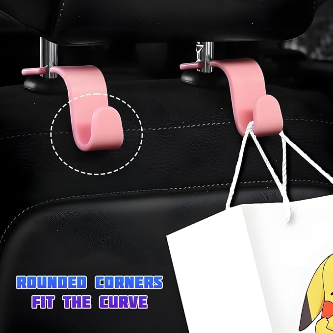 4 Pack 4.13 Inch Car Seat Headrest Hooks, Pink | plastic body, supports up to 55 lb, tool-free post fit, rotates beneath headrest when idle, interior storage accessory - Image 6
