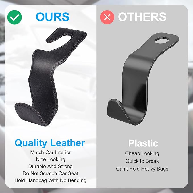 EldHus Seat Hooks for Purses and Bags, 4 Pack Car Purse Holder for Grocery Bag Handbag Clothes, Metal Headrest Hooks Covered by Leather, Black - Image 6