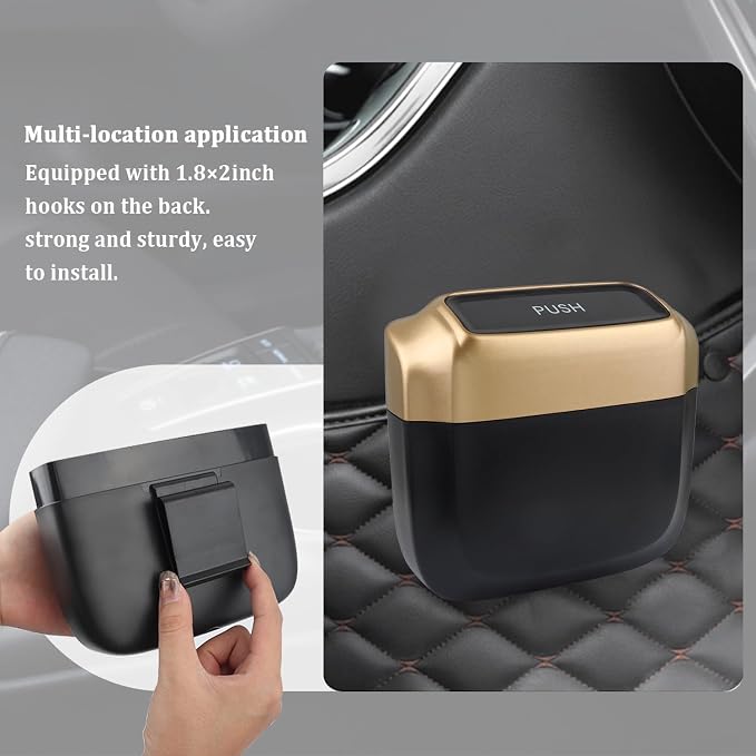 IHOTDER 2PCS Car Trash Can with Lid + 60PCS Garbage Bag,Mini Trash Can Car Interior Accessories,Multifunctional ABS Car Organizers and Storage (Gold) - Image 7