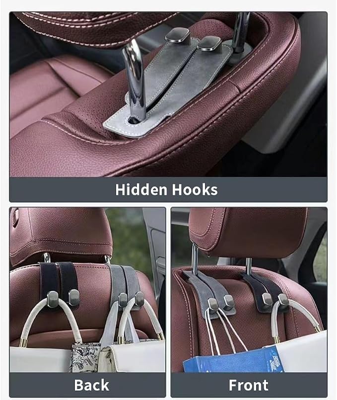 KINIVA Car Seat Headrest Storage Hooks, Set of 2, Suede PU Leather, Double Hooks (Black) - Image 2