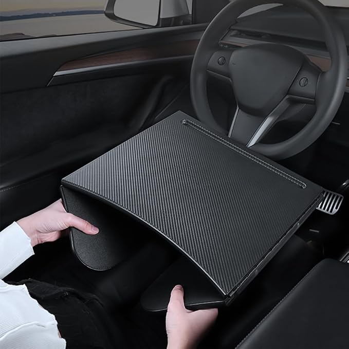 Car Laptop Desk Fit for Tesla Model Y 3 S X, Foldable Food Tray | Car Tray Table for Driver&Passenger, Eating & Working, Carbon Fiber Texture, Support Leg, Dual Hinge - Image 3